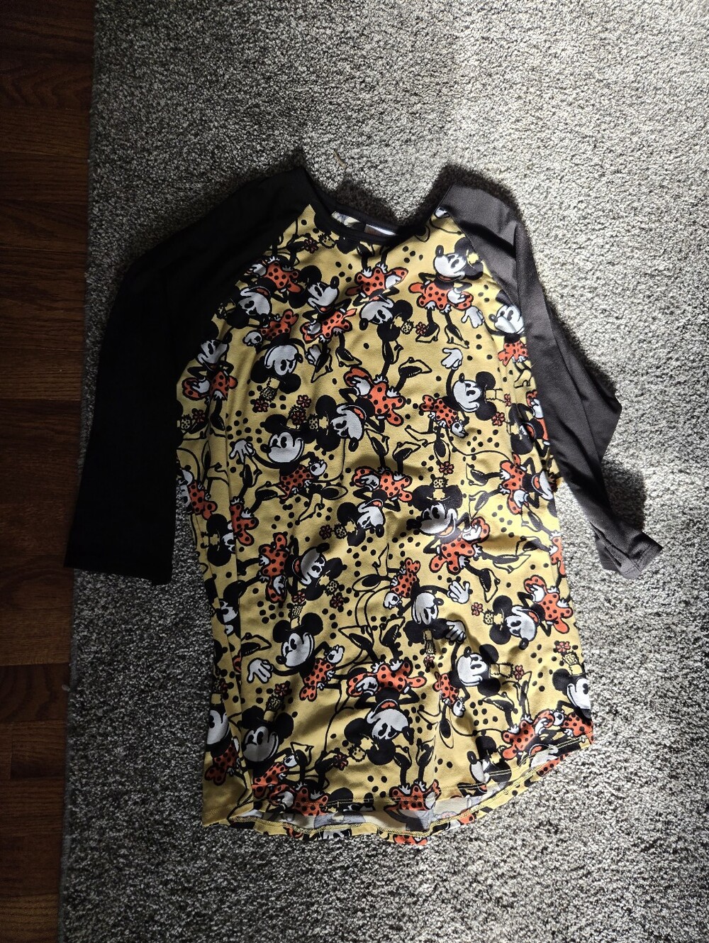 LuLaRoe Raglan Tee in Yellow and Black with Mickey Pattern